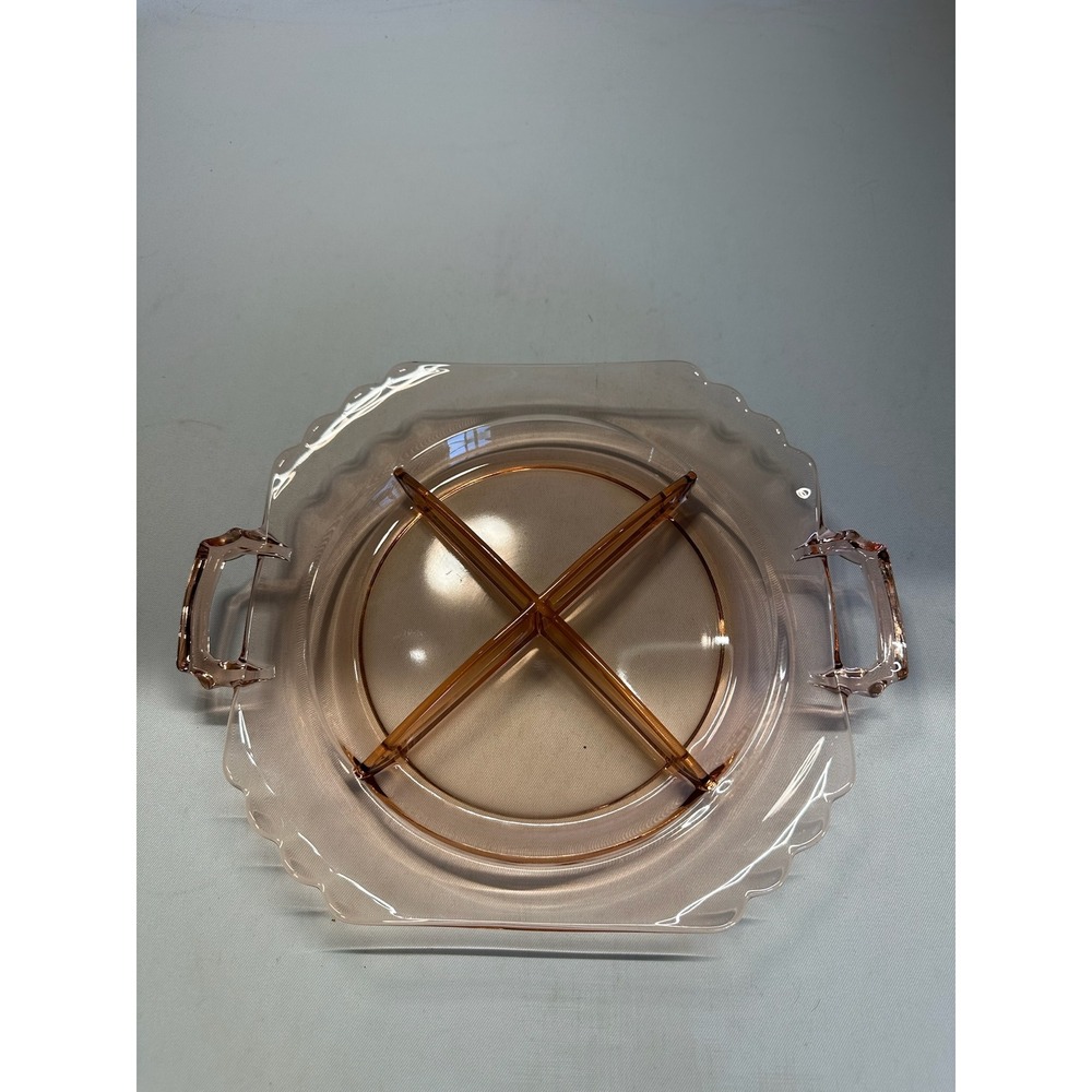 Vintage Fostoria Mayfair Topaz Glass 4 Part Scalloped Edge Relish Dish w/Handles